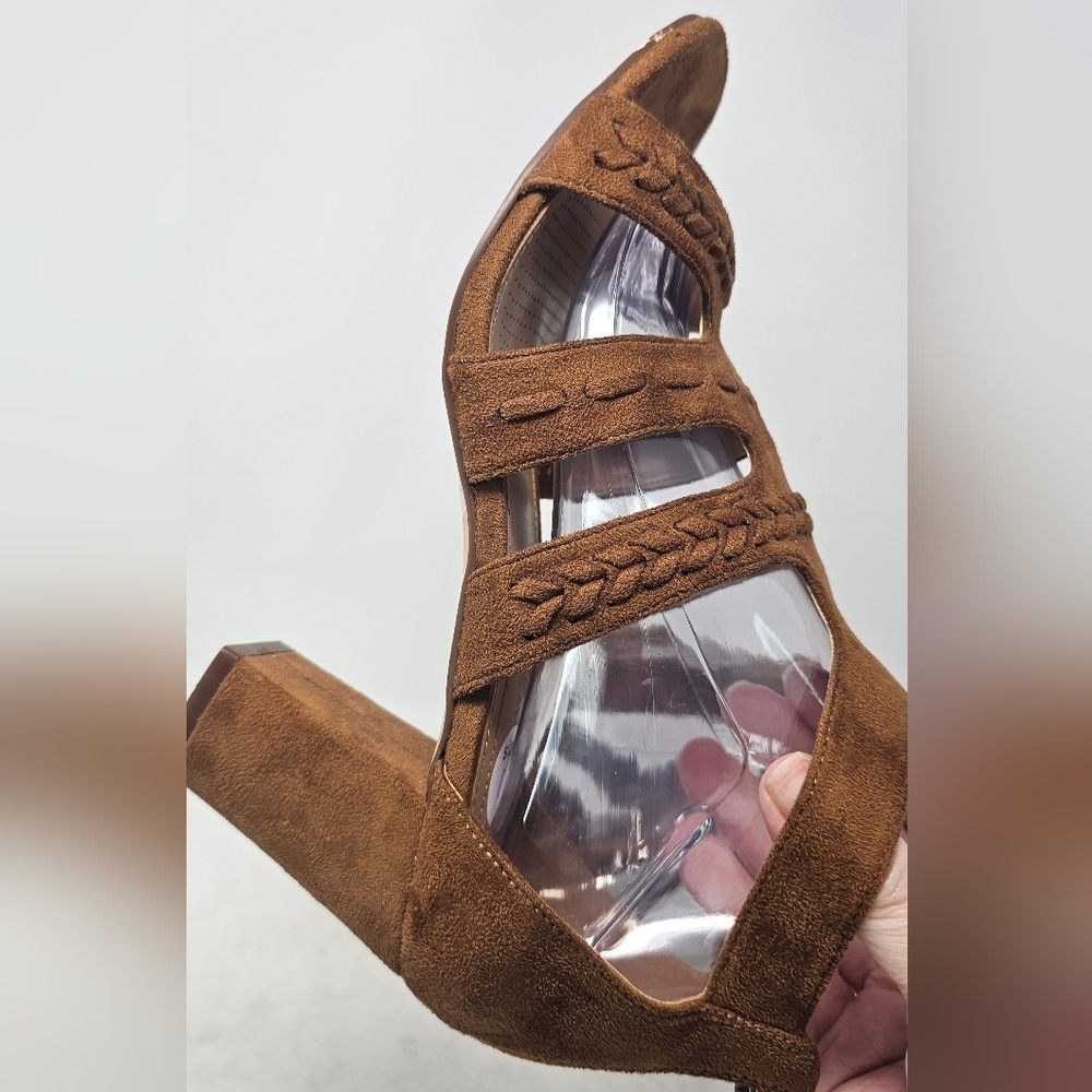 Comfort View WMNS Darlene Brown Faux Suede Chunky Heel Braided Zip Sandal SZ 9WW - Picture 4 of 14